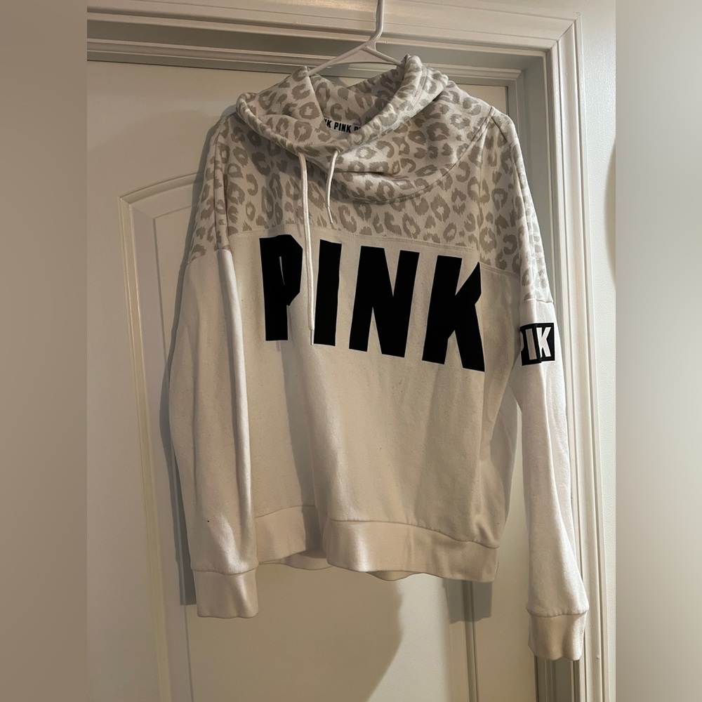 White and grey leopards print PINK turtle neck hoodie